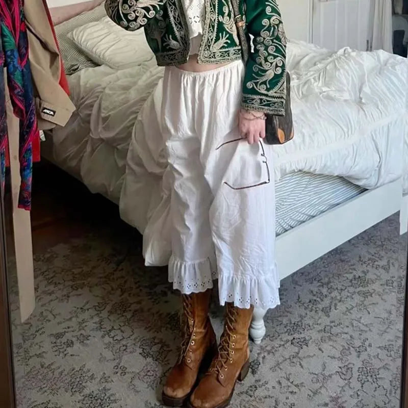 🍒Cottage fairy wide leg pants Y2k aesthetic 00s retro high waist  calf-length trousers Vintage lounge loose fit ruffle hem trousers feminine female fashion wear for women Get Cosy In A  Fairy cottage