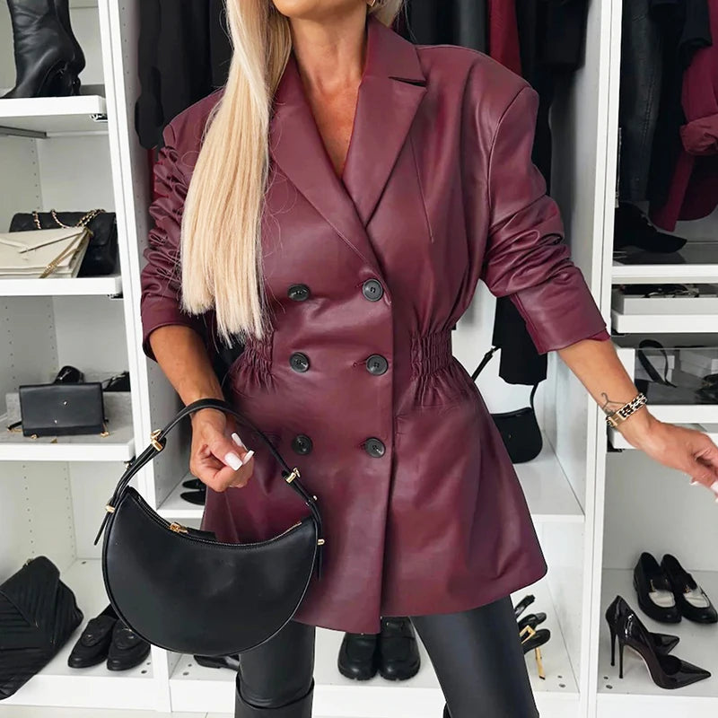 🍒Long sleeve faux leather mini  dress elastic waist retro double breasted outfit occasion trendy office wear clothing smart casual clothes women Life Leather