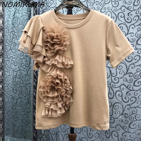 🍒3D flower top with ruffles  round neck short sleeved t-shirt smart casual party wear for women Time For A Rosy Lee Te'