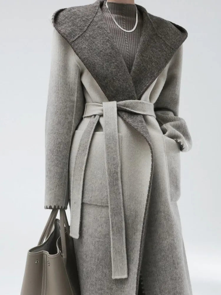 🍒Pink wool mix coat with hood and belt stylish winter overcoat colourful modern fashion coat smart casual outerwear women Look Candy In Floss Wool