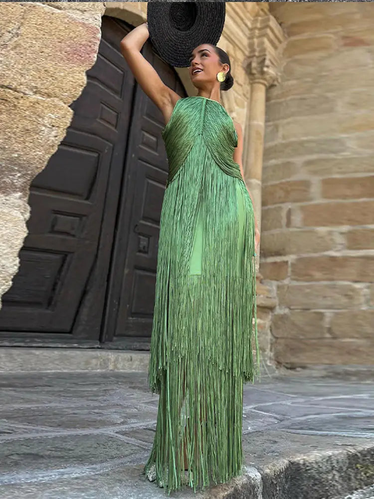 🍒Multi-layer tassel dress women's solid o-neck sleeveless cocktail dress elegant female fashion ball party outfit occasion wear club wear holiday beach party wear No Tossle Tassle