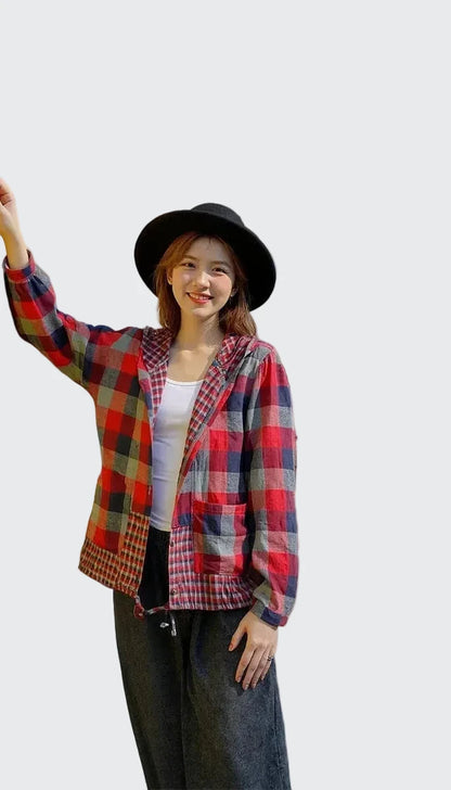🍒Plaid pocket hood jacket top shirts check blouses spring summer fashion casual wear women check clothing outdoor style cheeky chic check