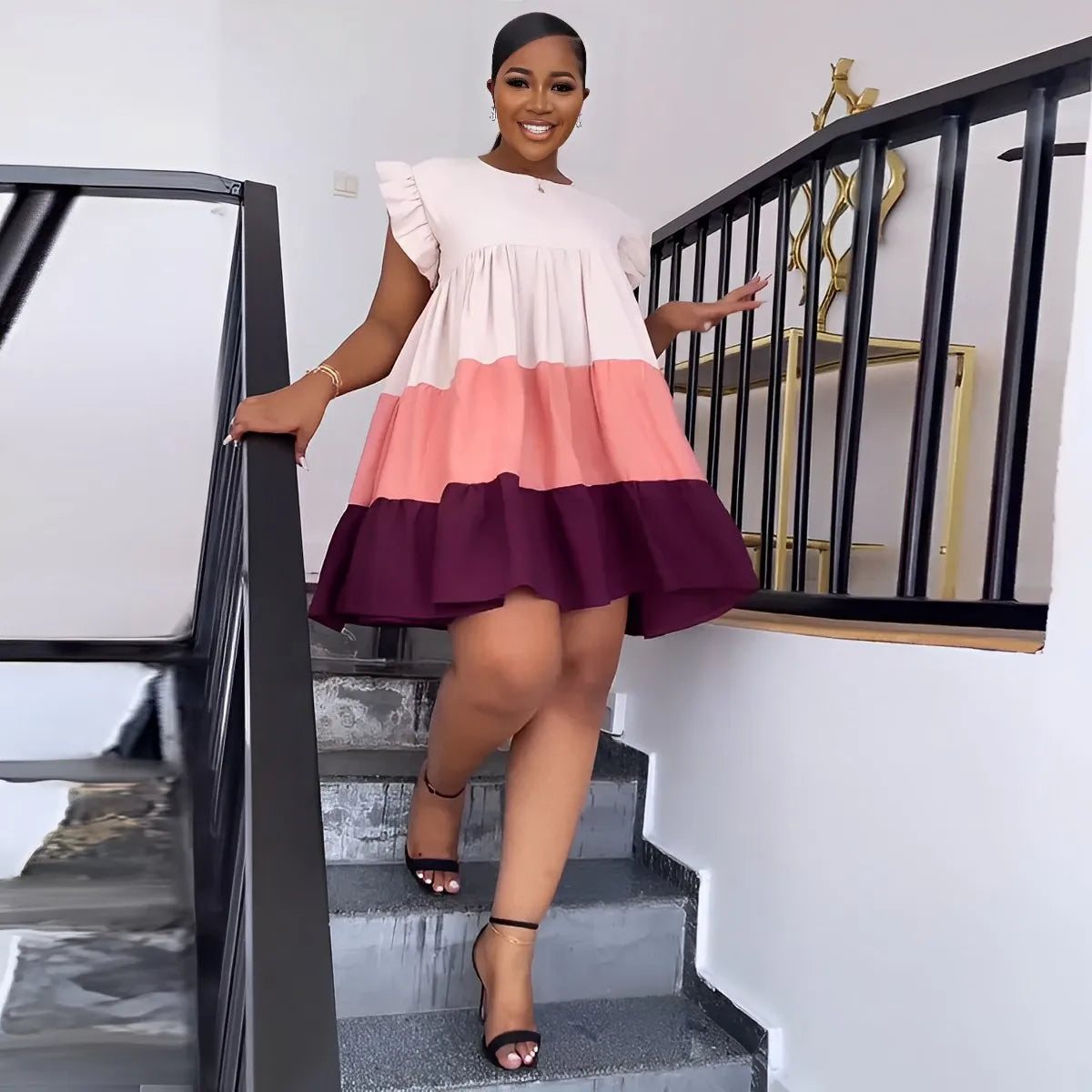 🍒Patchwork ruffle dress short sleeve big swing smock babydoll dress wide stripe chic fashion dresses Get Smitten With A Smock