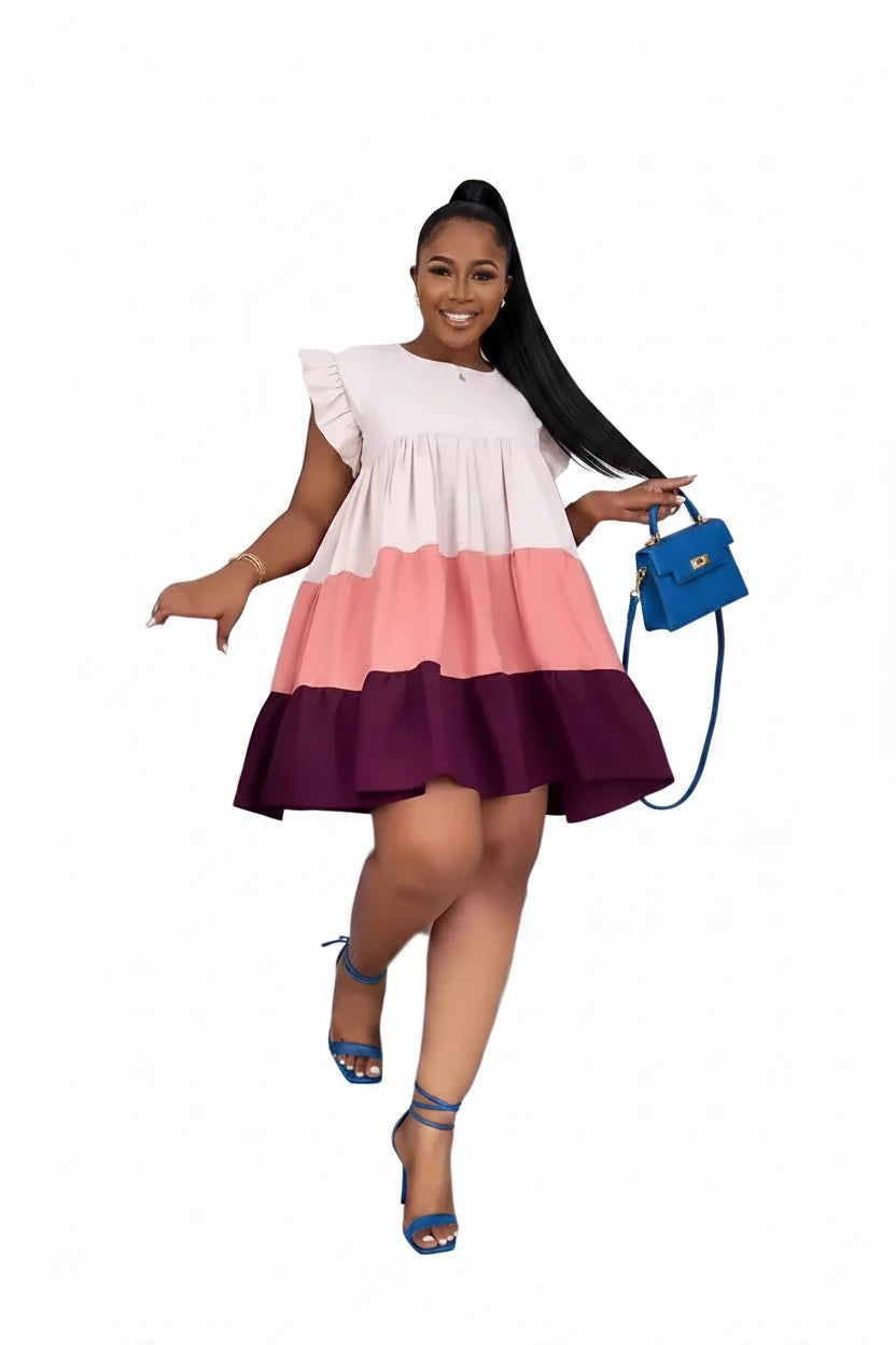 🍒Patchwork ruffle dress short sleeve big swing smock babydoll dress wide stripe chic fashion dresses Get Smitten With A Smock