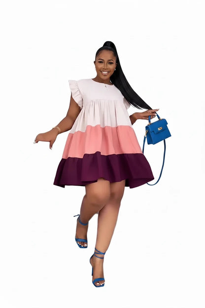 🍒Patchwork ruffle dress short sleeve big swing smock babydoll dress wide stripe chic fashion dresses Get Smitten With A Smock