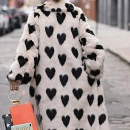 🍒Fashion versatile heart print faux fur coat long winter women plush warm Integrated furs coats Warm Hearting Fashion