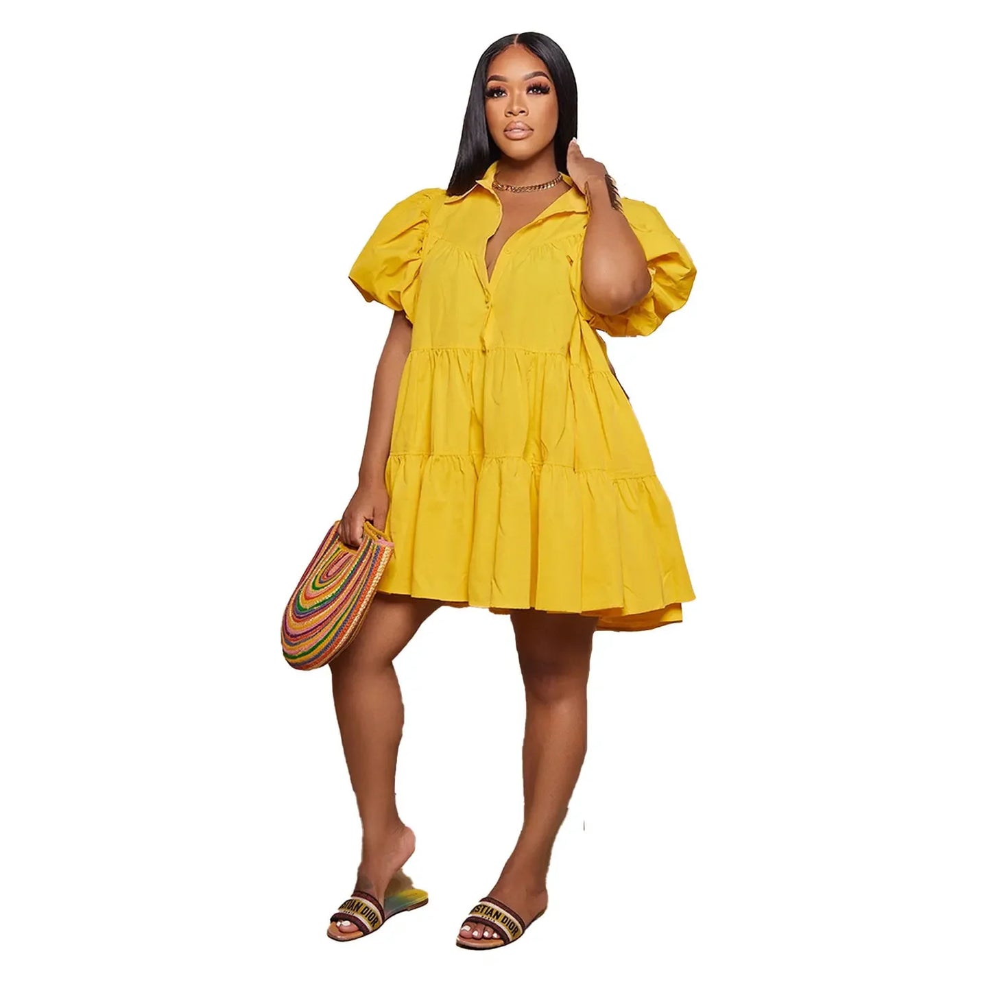 🍒Puff sleeve dress baby doll style single breasted lapel collar dress women mini outfit big swing loose smock dress  Get Puffed Out In A Swing