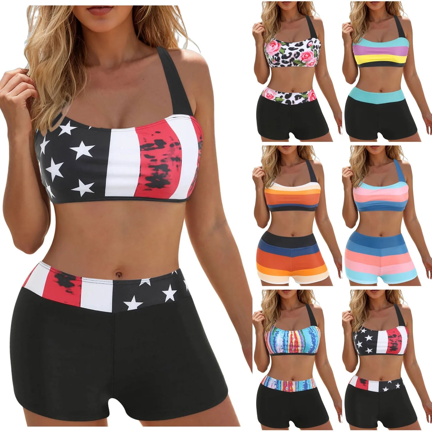 🍒Women's high waisted bikini sets sporty two piece swimsuit colour block bathing suit women's stripe swim wear Ride On A Wave In Cool  ‘ Kinis