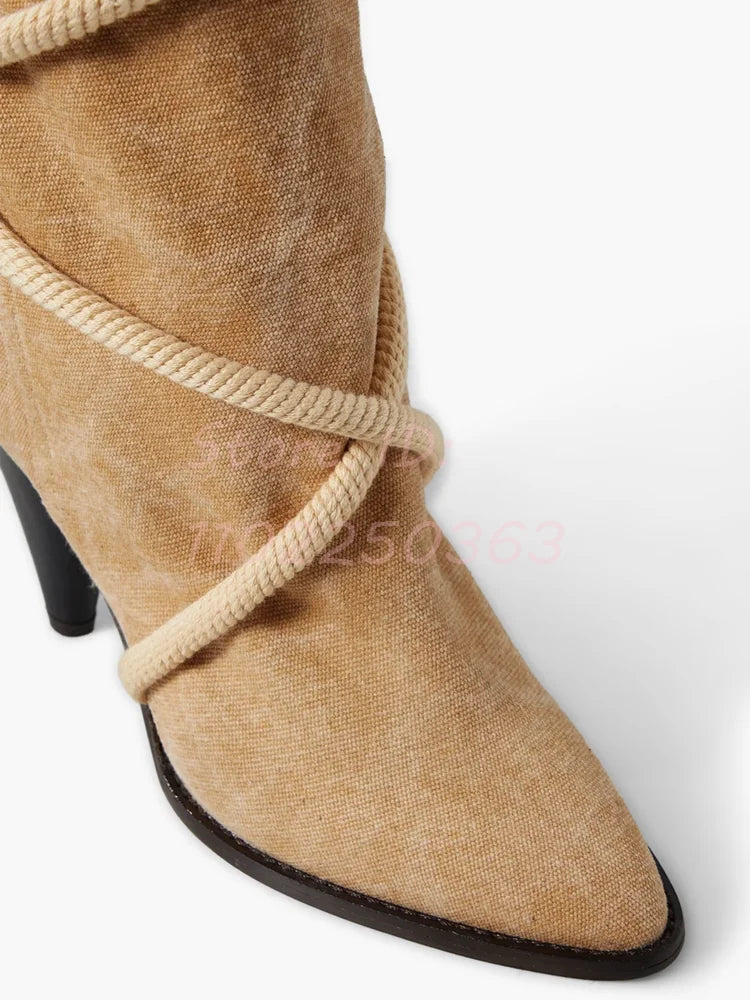 🍒Retro boots cross-tied shaped heel solid brown pointed toe shoes lace-up fringe mid-calf boots women fashion footwear Retro Roads
