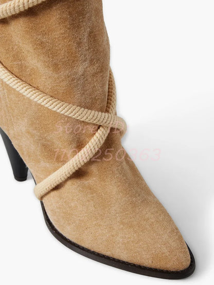 🍒Retro boots cross-tied shaped heel solid brown pointed toe shoes lace-up fringe mid-calf boots women fashion footwear Retro Roads