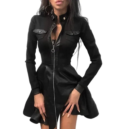 🍒Pu leather dress for women  lace mesh sleeve mixed media fashion party dress mini elegant stand neck collar a-line outfit Pretty Plaid Pu