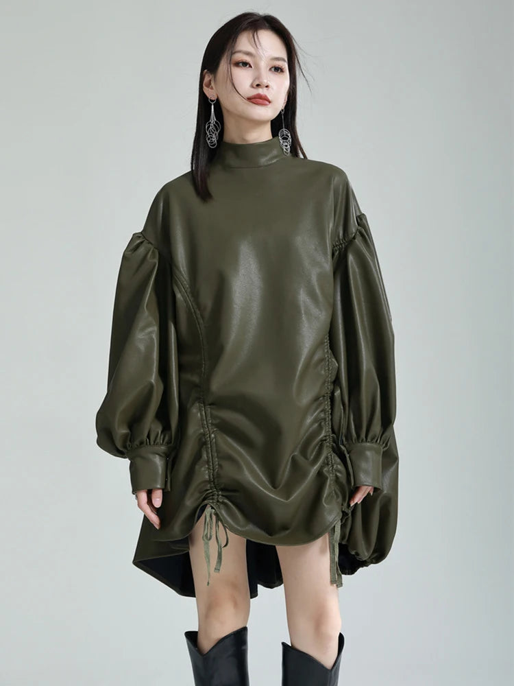 🍒Womens leather top drawstring turtle neck oversize jacket spring autumn fashion long sleeve outwear top smart casual clothing Get Looks In A Leather Look