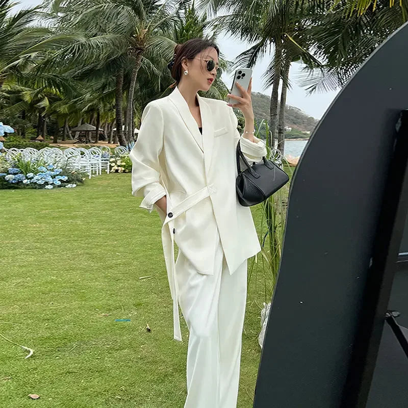 🍒Fashion high end pants suit Professional suit coat and wide leg pants white two piece set women outfits Pick Up This Big Up
