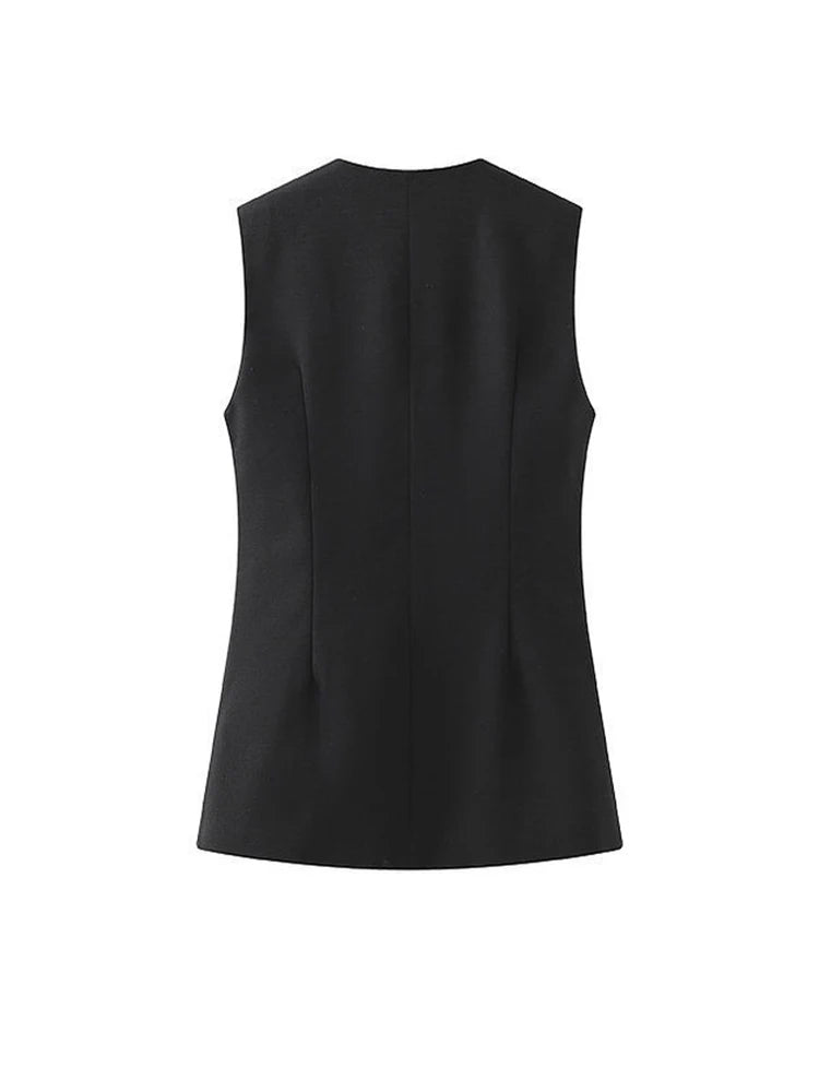 🍒Sleeveless waist coat top  v neck single breasted vest smart casual wear women versatile clothing female long vest jacket summer wear contrast colour fashion Jack-et Of All styles Master Of Fashion
