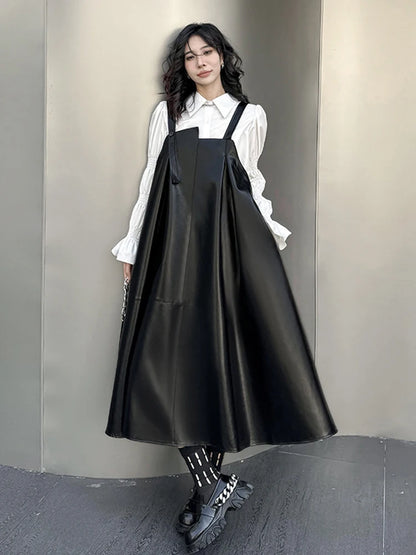 🍒Black faux leather dress big swing size midi spaghetti strap square neck outfit pu shiny with seeveless occasion party wear clothing smart casual women Black Swirly Pearl