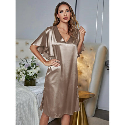 🍒Solid colour women's ice silk summer short sleeved satin night dress lounge wear for women shiny loungewear Stylely Smoothy Sleepy