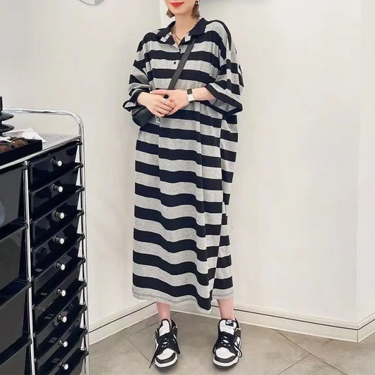 🍒Striped summer polo shirt dress t-shirt dresses for women short sleeve plus size midi dresses mid length outfit vintage fashion casual clothing