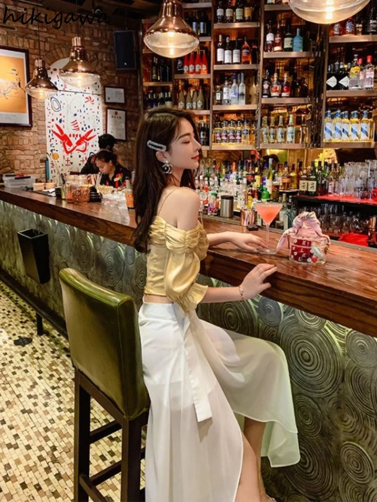 🍒White chiffon skirt maxi fashion mixed media for Women temperament summer high waist mesh fashion chic patchwork inner and outer mesh  occasion party wear Not Short Of Transparency