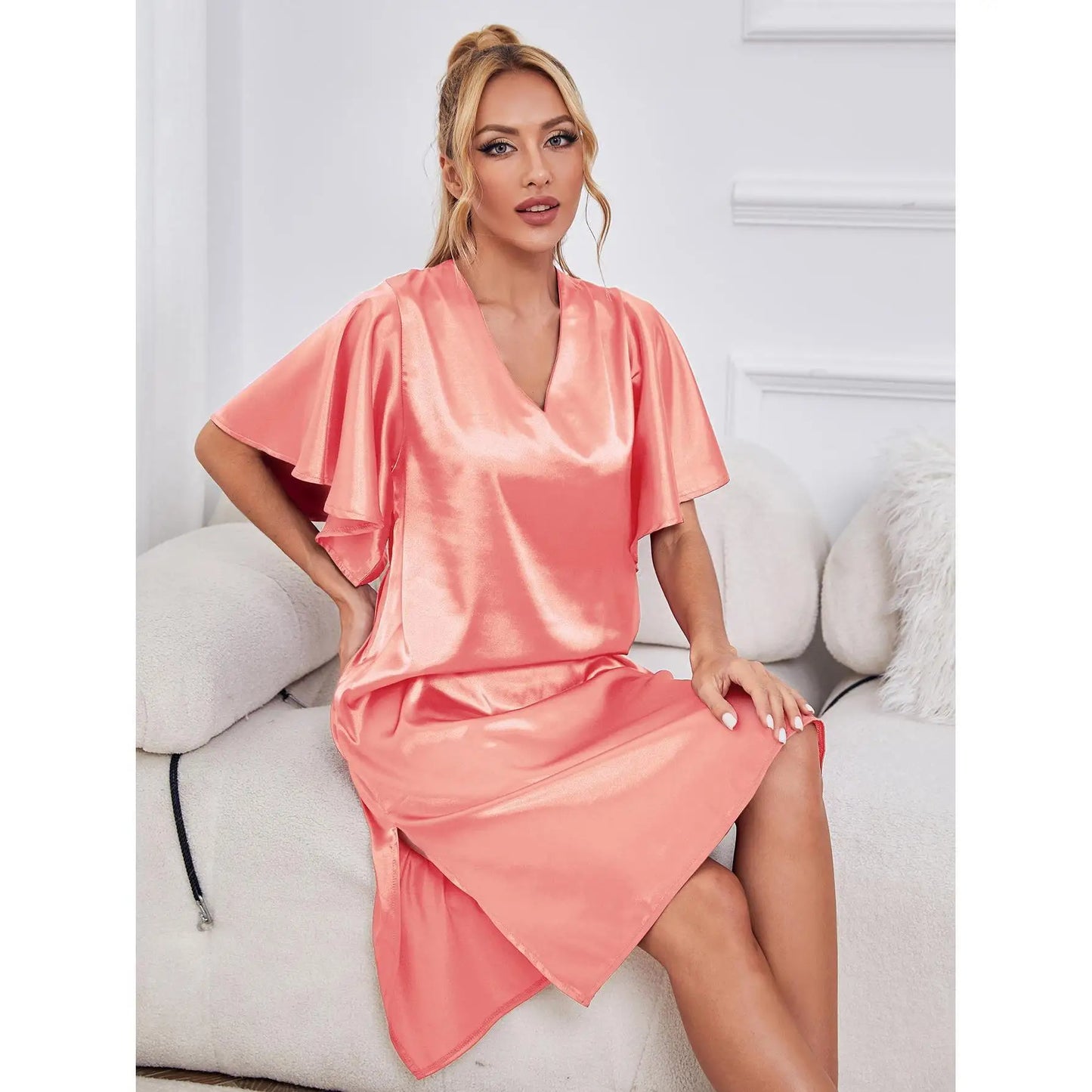 🍒Solid colour women's ice silk summer short sleeved satin night dress lounge wear for women shiny loungewear Stylely Smoothy Sleepy