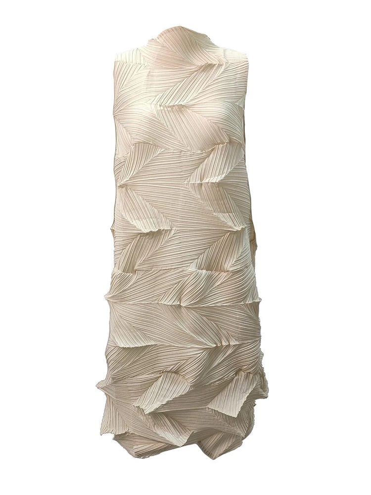 🍒Sleeveless pleated dress for women turtleneck outfit single colour solid fashion smart casual women party wear occasion clothing style 3D fold designer dresses Fashion A Fold