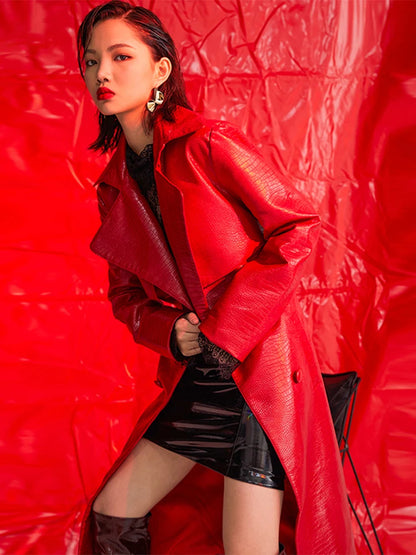 🍒Black crocodile trench coat patent faux leather coat long black for women long sleeve belt fall red leather clothes women
