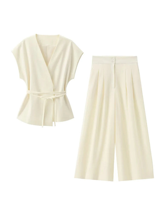 🍒Trouser suits for women sleeveless v-neck top with belt and straight pants wide leg sets spring summer clothing smart casual clothes party occasion wear two piece Two Piece Ease