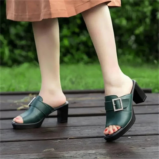 🍒Genuine leather block heel sandals summer square buckle sandals mules large Size shoes 35 -41 Women's mid heels fashion footwear