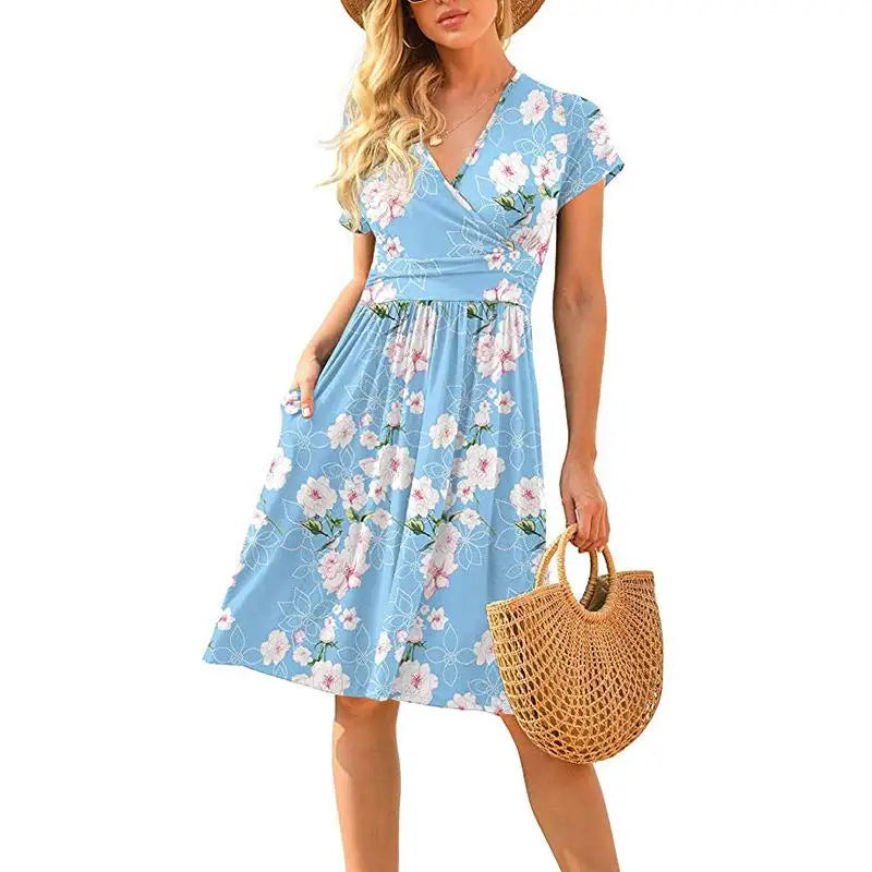 🍒Printed v-neck a-line short sleeve dress floral with high waist over knee outfits for summer womens fashion clothing beachwear holiday clothing A Bunch Of Beautiful Florals