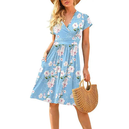 🍒Printed v-neck a-line short sleeve dress floral with high waist over knee outfits for summer womens fashion clothing beachwear holiday clothing A Bunch Of Beautiful Florals