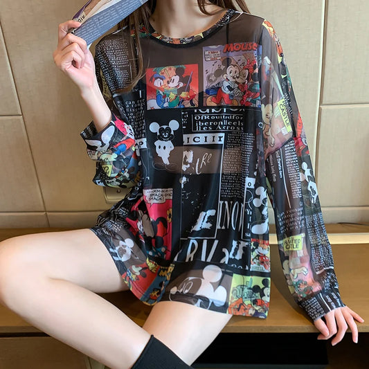 🍒Cartoon print full sleeve t-shirt casual tops trendy sun protection tee women sheer summer clothing simple beach wear for women Toon Into Toons