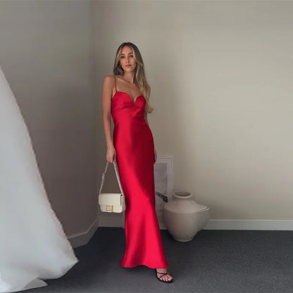 🍒Satin halter dress maxi spaghetti straps sweet heart sleeveless dress red backless  outfit for evening party wear occasion clothing red Satin Passion Fashion
