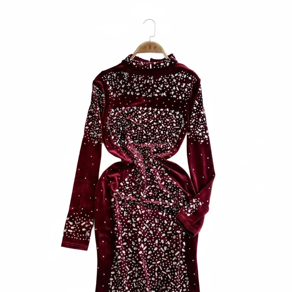🍒Bodycon o-neck long sleeve dress glitter rhinestone outfit velvet chic vintage style clothing chic autumn fall fashion party occasion wear Get Wine Stoned