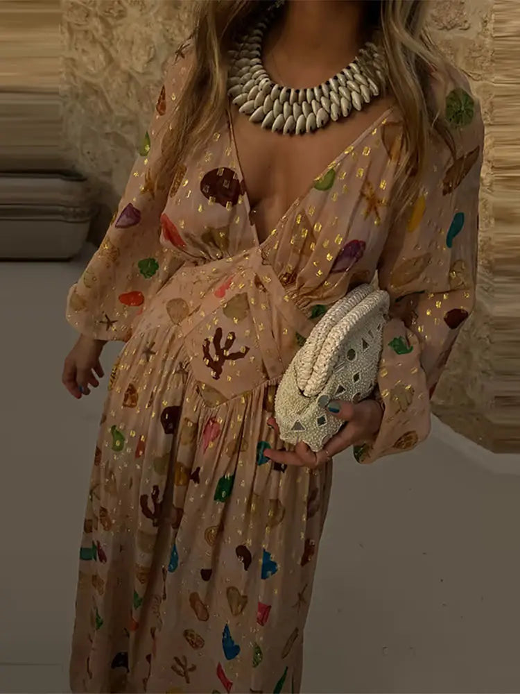 🍒Mesh maxi dress printed for women v-neck long Sleeve drapey maxi outfit boho summer party clothing occasionwear dresses This diamond Is Gold