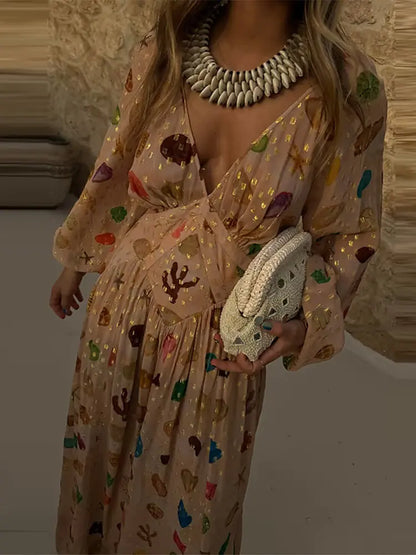 🍒Mesh maxi dress printed for women v-neck long Sleeve drapey maxi outfit boho summer party clothing occasionwear dresses This diamond Is Gold