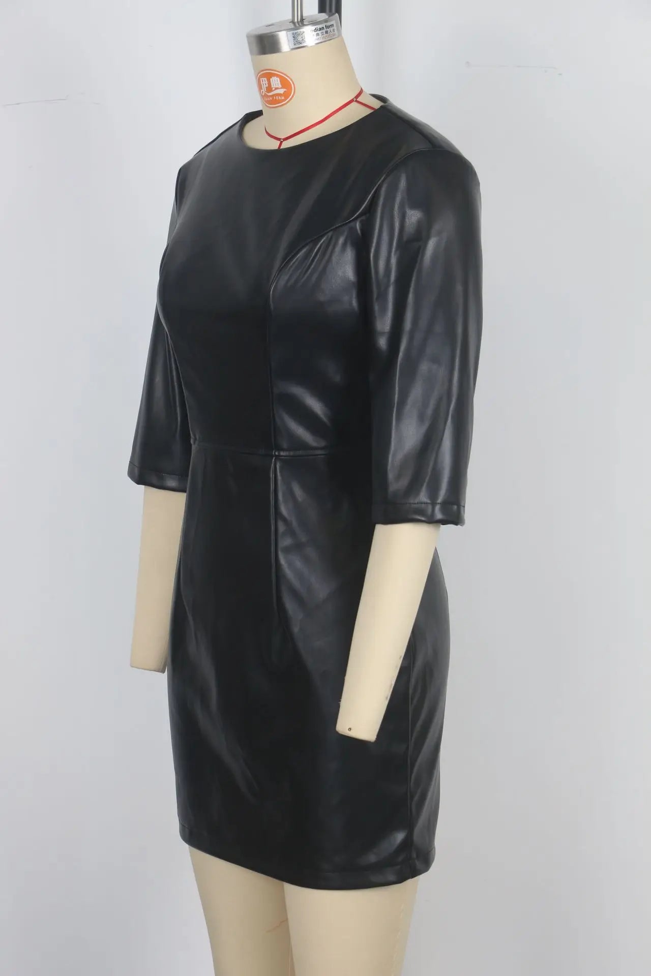 🍒Faux leather mini dress round neck designs three quarter sleeve outfit black party women solid colour clothing fashion bodycon club wear occasion wear Look Leather