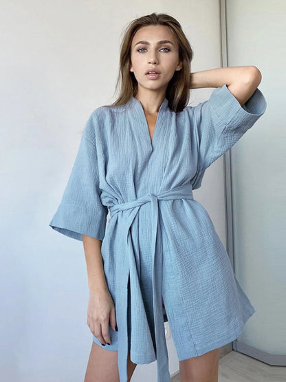 🍒Cotton short dressing gown womens solid colour bathrobe short sleeve loose nightwear casual female nightgown Get Wrapped Up In A Shortie