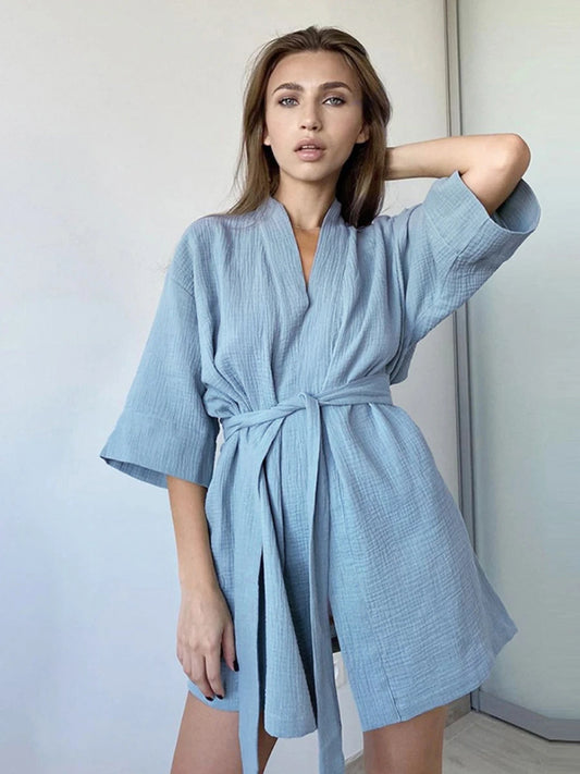 🍒Cotton short dressing gown womens solid colour bathrobe short sleeve loose nightwear casual female nightgown Get Wrapped Up In A Shortie