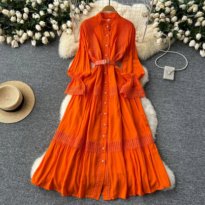 🍒Stand collar maxi dress a-line elegant single breasted smart casual women puff seeve outfit single breasted shirt dresses high waist Y2k fashion vintage style clothimg Get A ComPLEAT Look