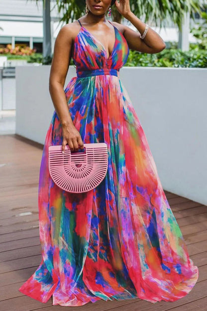 🍒Printed mesh maxi dress sleeveless high street fashion outfit for women long maxi frocks occasion partywear Cool Out In A Pool