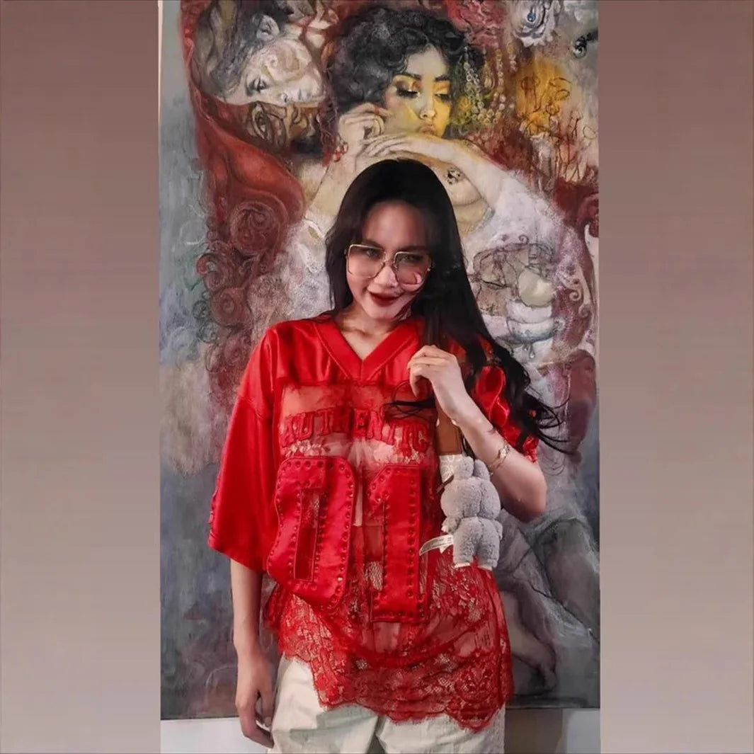 🍒T-shirt tops for women v-neck mesh top loose long floral tee casual Y2k streetwear elegant clubing t-shirts summer fashion wear Lace Mesh top A1 To The O1