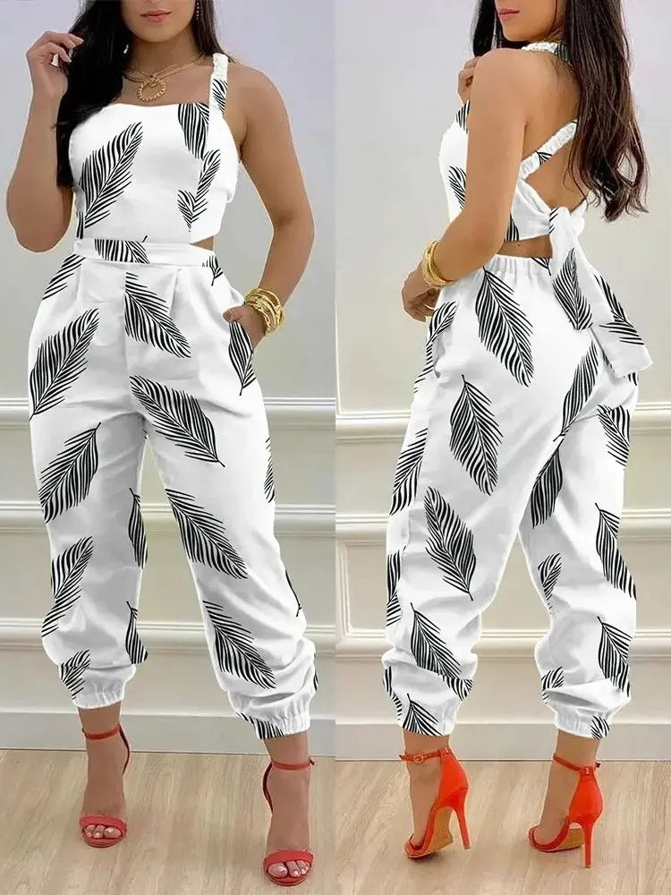 🍒Summer printed jumpsuit backless with straps fashion sleeveless one piece casual wear womens romper outfit with bows pocket trousers Overall Colourful Cool