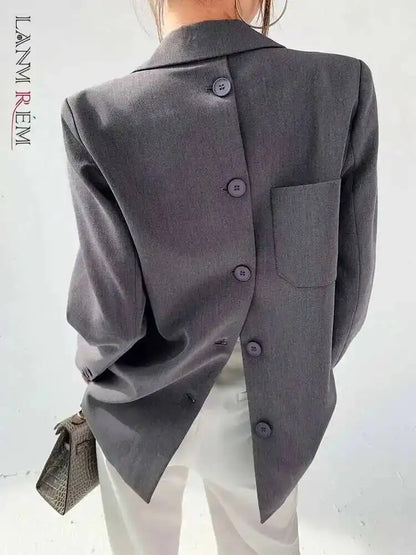 🍒Back button blazer designer with upper back pocket outerwear clothes for women grey lapel long sleeve jacket fashion female coat spring chic occasion wear Put This In Your BACK POCKET For That BLAZERing Hot Occasion