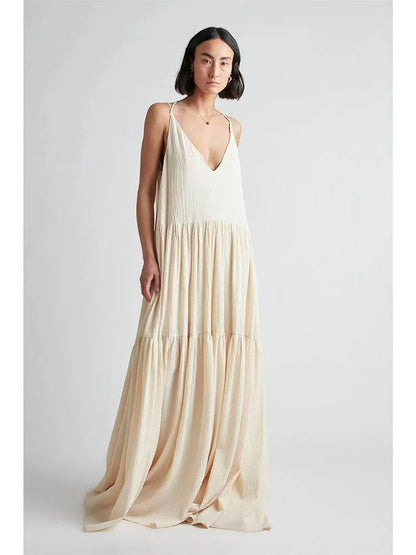 🍒Womens casual long dresses spring double v neck backless summer dress loose sling outfit beach wear holiday wear maxi fashion Fashionably Fancy