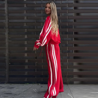 🍒Women two piece pant sets stripe sleeve sweatshirt loose v-neck top and wide stripe leg trousers sporty crop top tracksuit summer autumn wide leg pants with drawstring waist Sport A cheerful Cherri