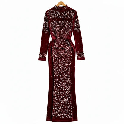 🍒Bodycon o-neck long sleeve dress glitter rhinestone outfit velvet chic vintage style clothing chic autumn fall fashion party occasion wear Get Wine Stoned