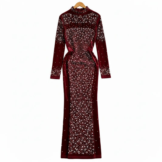 🍒Bodycon o-neck long sleeve dress glitter rhinestone outfit velvet chic vintage style clothing chic autumn fall fashion party occasion wear Get Wine Stoned