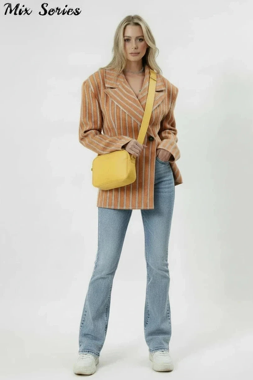🍒Striped print blazer women's full Sleeve jacket with notched lapel collar double breasted spring coat fashion wear office clothing   Look Chocolate In Orange