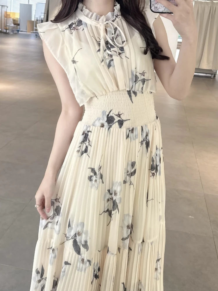 🍒Mid-length dresses for women printed high waisted outfit gentle literary pleated slim exquisite outfit smart casual flloral clothing