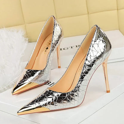 🍒Metalic high heel pumps for women elegant party stillettoe thin heels shoes for occasions party wear footwear GOLDen TIP PUMP Up Your Fashion Volume