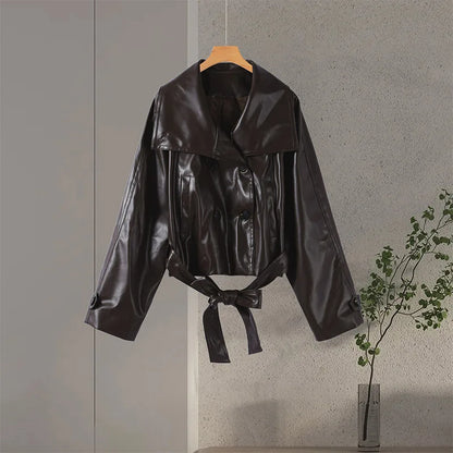 🍒faux leather women coat with lapel long Y2K solid belt and pocket long sleeve pu trench fall winter outwear female Faux Fans Fast Forward